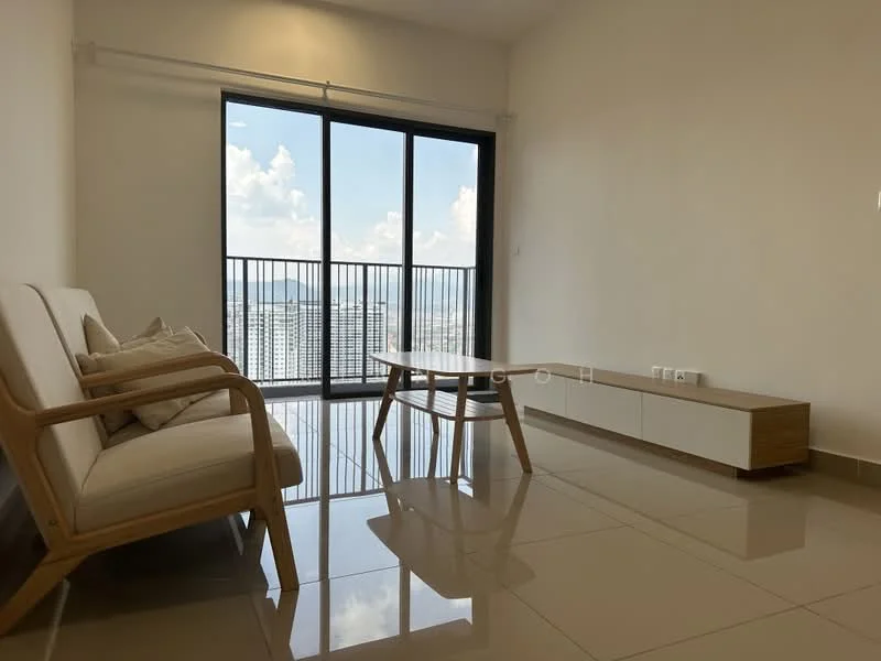 Living features: floor-to-ceiling windows, sliding glass door, white painted walls, glossy tile flooring, light wood coffee table, white sofa with cushions, TV console with storage, city view from windows; style: modern; view: city.