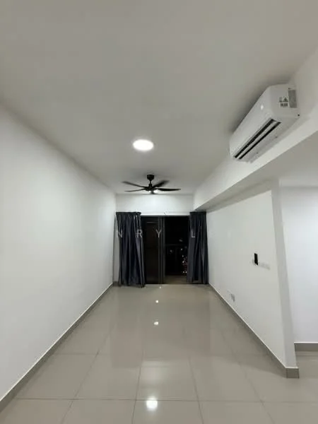 Living features: white painted walls, polished ceramic tile flooring, 5-blade ceiling fan with light, floor-to-ceiling sliding glass door, grey curtains, recessed ceiling lights, air conditioning unit, open layout; style: modern.