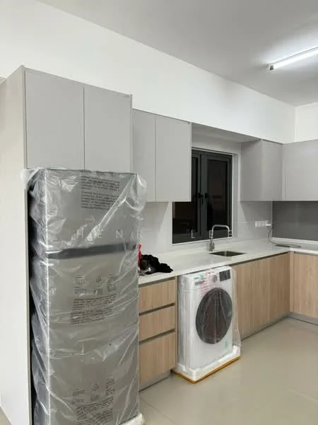 Kitchen features: grey upper cabinets, light wood lower cabinets, stainless-steel fridge, front-load washing machine, single-bowl stainless-steel sink, chrome pull-down faucet, white countertop, tile backsplash, recessed downlights, neutral wall colour, floor tiles, window above sink; style: modern.
