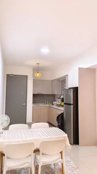 Kitchen features: white painted walls, light grey cabinetry, stainless-steel fridge, built-in oven, 4-burner gas hob, white countertop, pendant light, ceramic tile flooring, dining table with four chairs, window with blinds; style: modern.