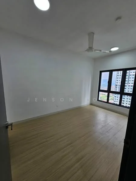 Room features: white painted walls, wooden flooring, 5-blade ceiling fan, floor-to-ceiling windows, black window frames, city view, natural light, no visible furniture; style: modern; view: city.