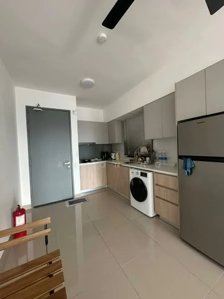 Kitchen features: grey cabinetry, white countertop, stainless-steel fridge, built-in oven, freestanding washing machine, ceramic tile flooring, recessed downlights, single-bowl stainless-steel sink, chrome pull-down faucet, window with blinds, fire extinguisher, wooden bench, grey backsplash; style: modern.
