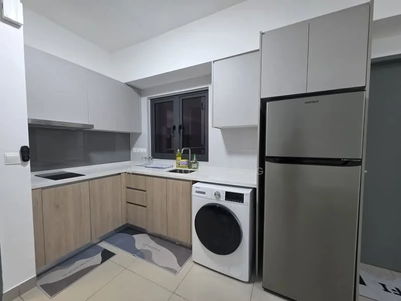 Kitchen features: grey upper cabinets, wood lower cabinets, white countertop, single-bowl stainless-steel sink, chrome pull-down faucet, built-in electric stove, refrigerator in stainless steel, front-load washing machine, tile flooring, window with view, decorative rug; style: modern.