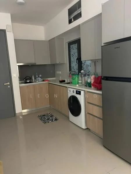 Kitchen features: light grey cabinetry, wood grain lower cabinets, stainless-steel fridge, front-load washing machine, single-bowl stainless-steel sink, chrome pull-down faucet, ceramic tile flooring, white walls, recessed downlights, window with patterned film, countertop with space for appliances, kitchen rug; style: modern.