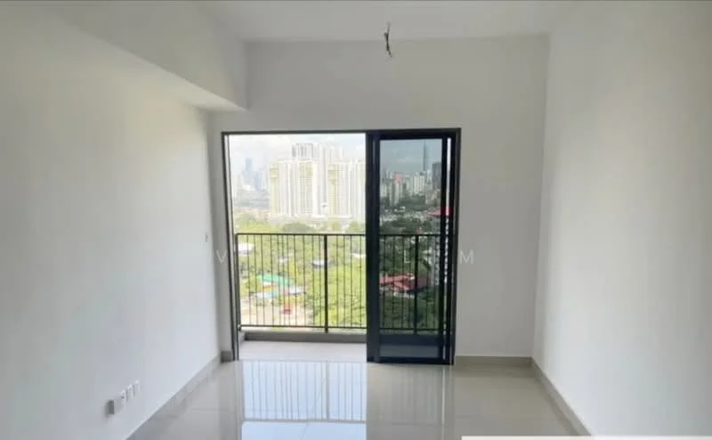 Room features: white painted walls, glossy tile flooring, floor-to-ceiling sliding glass door, balcony with metal railing, city skyline view, natural light from large window, neutral color scheme, minimalist design; style: modern; view: city.