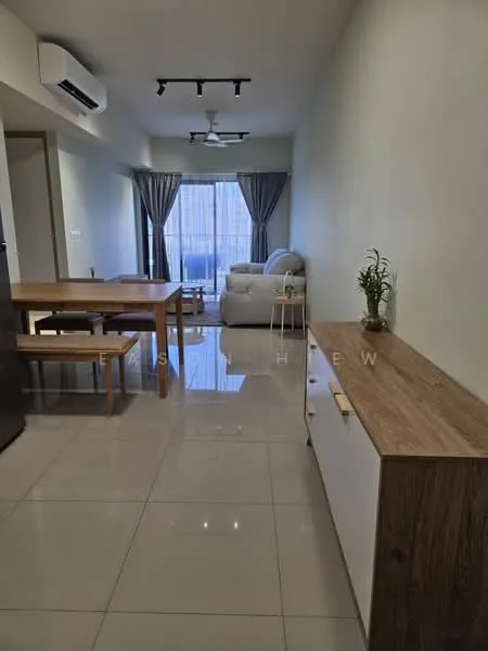 Living features: white painted walls, glossy tile flooring, 5-blade ceiling fan with light, recessed downlights, floor-to-ceiling windows, sheer curtains, sofa in light color, wooden sideboard, dining table with benches, potted plant on sideboard; style: modern; view: garden.