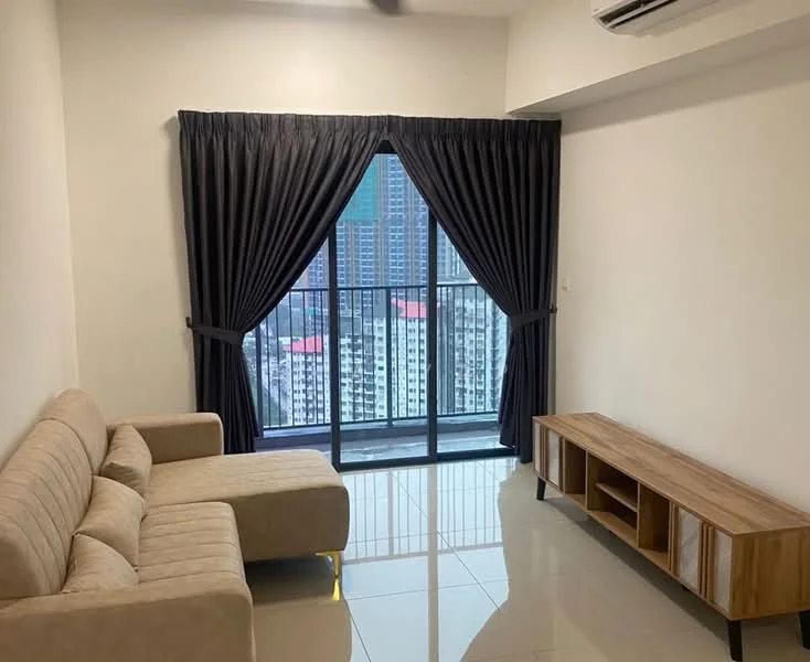 Living features: beige fabric sofa, floor-to-ceiling windows, blackout curtains, glossy tile flooring, wooden TV console, ceiling-mounted air conditioning unit, city view, light-colored walls; style: modern; view: city.