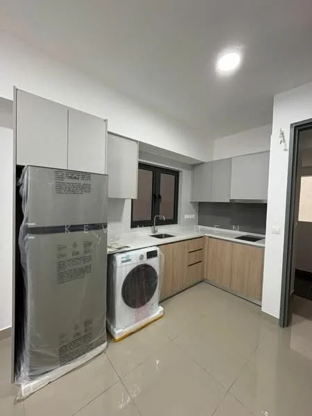 Kitchen features: grey upper cabinets, wood lower cabinets, white countertop, stainless-steel fridge, front-load washing machine, single-bowl stainless-steel sink, chrome pull-down faucet, ceramic tile flooring, recessed downlights, window with black frame; style: modern.