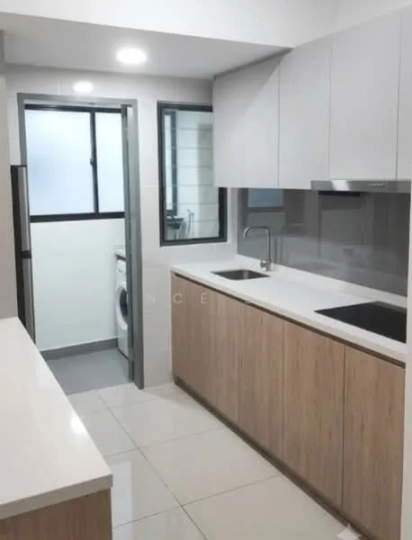 Kitchen features: white upper cabinets, wood lower cabinets, white quartz countertop, single-bowl stainless-steel sink, chrome pull-down faucet, built-in oven, stainless-steel range hood, ceramic tile flooring, recessed downlights, floor-to-ceiling window, washer-dryer combo, grey wall tiles, open shelving; style: modern.