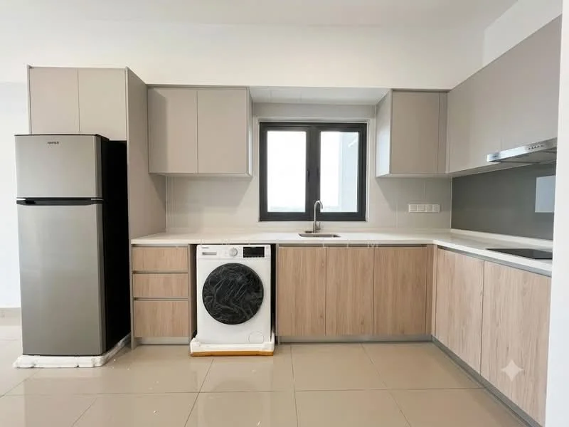 Kitchen features: stainless-steel fridge, front-load washing machine, single-bowl stainless-steel sink, chrome pull-down faucet, laminate countertop, grey upper cabinets, wood lower cabinets, built-in oven, ceramic tile flooring, window above sink, recessed downlights; style: modern.