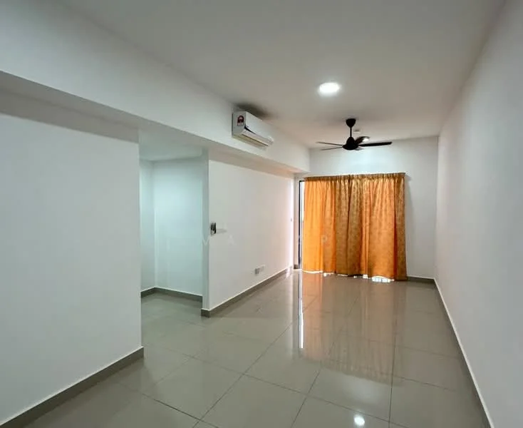 Living features: white painted walls, glossy ceramic tile flooring, 5-blade ceiling fan with light, wall-mounted split AC, curtains in orange, sliding glass door, natural light from window, open layout; style: modern. Room features: white painted walls, glossy ceramic tile flooring, open layout.