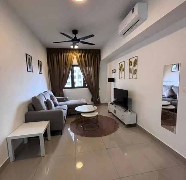 Living features: 3-seater fabric sofa in grey, coffee table, TV console, wall-mounted TV, area rug, floor-to-ceiling window, curtains, ceiling fan with light, recessed downlights, decorative mirror, wall art; style: modern; view: city.