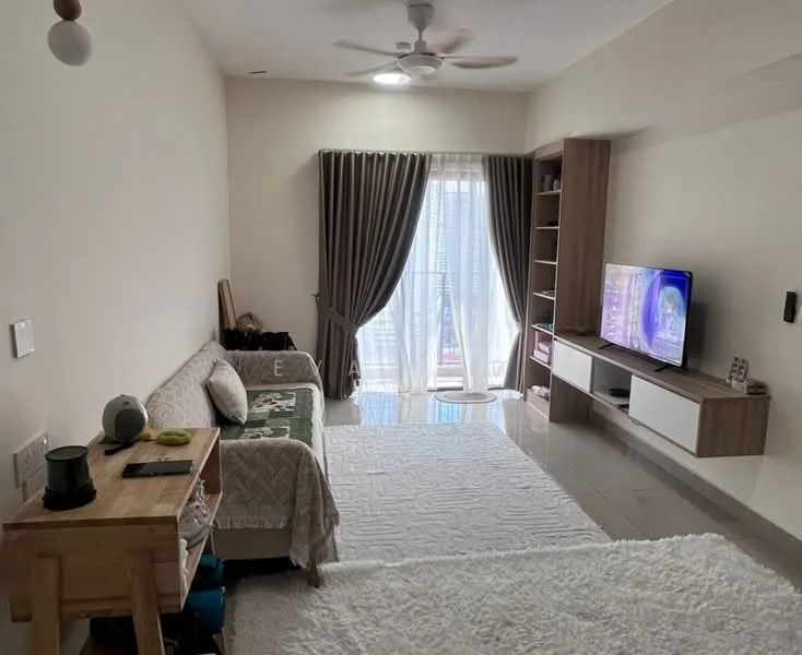 Living features: 3-seater fabric sofa in light grey, wooden coffee table, TV console with wall-mounted TV, white wall-mounted storage shelves, floor-to-ceiling windows with sheer curtains, sliding glass door leading to balcony, ceiling fan with light, area rug with textured pattern, light-colored painted walls, marble tile flooring; style: modern.