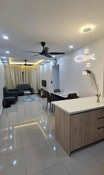 Living features: grey fabric sofa, 3-seater sofa, area rug with geometric pattern, wall-mounted TV, TV console, ceiling fan with light, recessed LED downlights, dining table with 4 chairs, pendant light fixture, white painted walls, tile flooring, curtains, decorative plant in pot; style: modern. Kitchen features: kitchen island with countertop, wood cabinetry, stainless-steel sink, chrome faucet; style: modern.