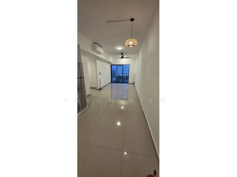 Living features: white painted walls, glossy ceramic tile flooring, 5-blade ceiling fan with light, recessed downlights, sliding glass door, floor-to-ceiling windows, balcony view, air conditioning unit; style: modern; view: city.