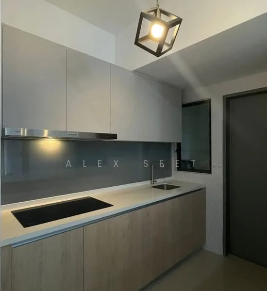 Kitchen features: grey cabinetry, wooden lower cabinets, stainless-steel range hood, induction cooktop, single-bowl stainless-steel sink, chrome pull-down faucet, white countertop, pendant light fixture, backlit wall, window, door, smooth wall finish; style: modern.