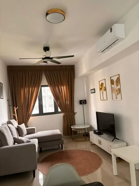 Living features: 3-seater fabric sofa in light grey, ceiling fan with light, wall-mounted TV, TV console in white, round coffee table, area rug in circular shape, floor-to-ceiling window, brown curtains, framed artwork on walls, decorative wall clock; style: modern.