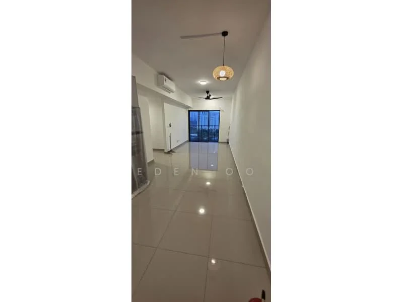 Living features: white painted walls, glossy ceramic tile flooring, 5-blade ceiling fan with light, recessed downlights, sliding glass door, floor-to-ceiling windows, balcony access, neutral color palette; style: modern; view: city.