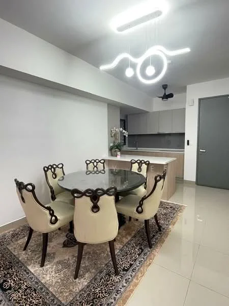 Dining features: round glass dining table, 6 upholstered dining chairs with decorative backs, chandelier with modern design, ceiling fan, cream painted walls, polished ceramic tile flooring, area rug with intricate pattern, open kitchen view; style: modern.