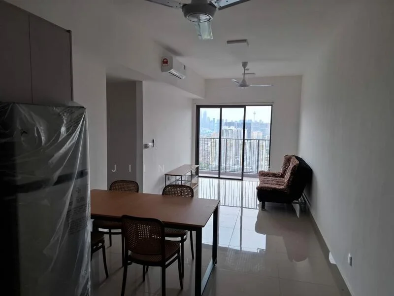 Living features: floor-to-ceiling windows, city view, 3-blade ceiling fan, sofa in brown fabric, dining table with 4 chairs, white painted walls, glossy tile flooring, air conditioning unit on wall; style: modern.