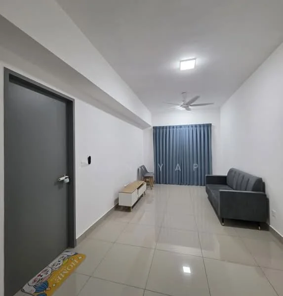 Living features: white painted walls, glossy tile flooring, 5-blade ceiling fan with light, grey fabric sofa, wooden coffee table, curtains with blue stripes, door with grey frame, doormat at entrance; style: modern.