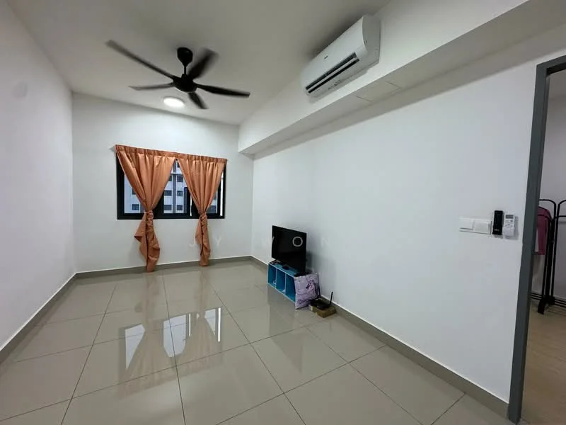 Living features: white painted walls, glossy ceramic tile flooring, 5-blade ceiling fan with light, recessed ceiling lights, floor-to-ceiling window, sheer curtains, TV console, wall-mounted TV, air conditioning unit, open space layout; style: modern.