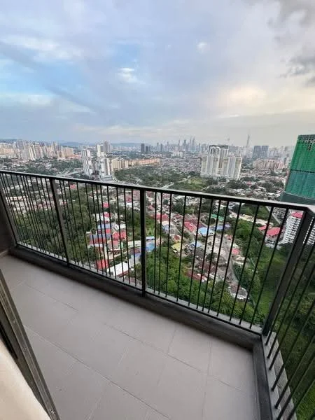 Room features: balcony with metal railing, city skyline view, grey tiled flooring, surrounding greenery, high-rise building, urban landscape; view: city.