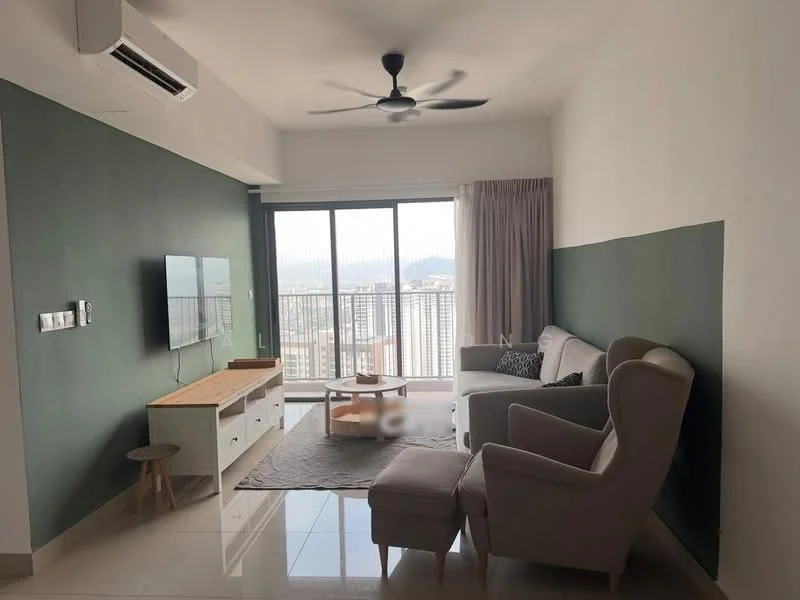 Living features: light grey fabric sofa, armchair in light grey, wooden coffee table, TV console with storage, wall-mounted TV, area rug in neutral color, floor-to-ceiling windows, curtains in light fabric, ceiling fan, wall-mounted air conditioning unit, white painted walls, green accent wall, tile flooring; style: modern; view: city.