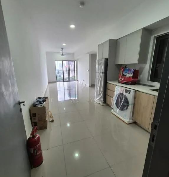 Kitchen features: white painted walls, glossy tile flooring, ceiling with recessed downlights, single-bowl stainless-steel sink, chrome pull-down faucet, laminate countertop, wood cabinetry, built-in oven, freestanding washing machine, floor-to-ceiling windows, sliding glass door, view of city skyline, ceiling fan; style: modern; view: city.