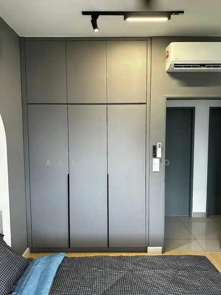 Room features: grey built-in wardrobe with sliding doors, wall-mounted air conditioning unit, recessed ceiling lights, tiled flooring, neutral wall color, doorway leading to another room; style: modern.