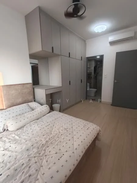 Bedroom features: queen-size bed, upholstered headboard, built-in wardrobe with grey cabinetry, wooden flooring, ceiling fan, wall-mounted air conditioning unit, nightstand, decorative throw pillow, light fixture on ceiling; style: modern.