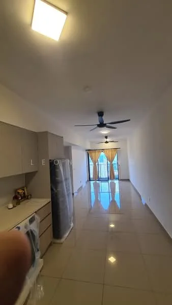 Living features: glossy tile flooring, white painted walls, ceiling fan, floor-to-ceiling windows, sheer curtains, kitchen cabinetry, countertop, open layout; style: modern.