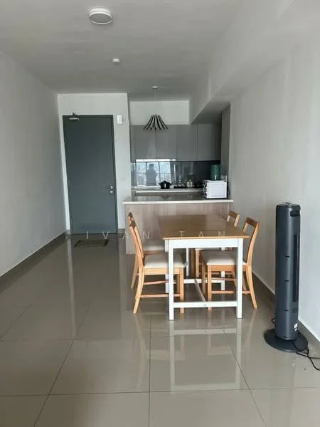 Dining features: white dining table, 4 wooden dining chairs, grey kitchen cabinetry, stainless-steel sink, built-in countertop, ceramic tile flooring, white painted walls, recessed downlights, floor-to-ceiling windows, view of city skyline; style: modern; view: city. Room features: grey painted walls, open layout, sliding door to hallway.