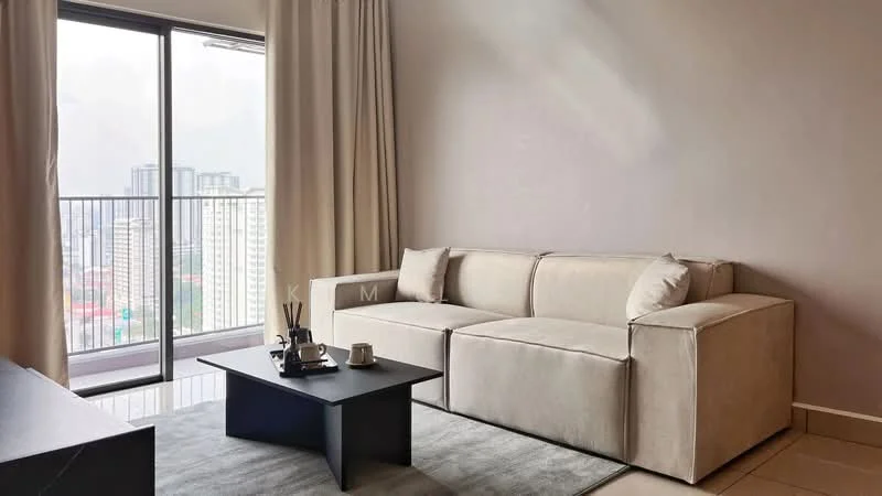 Living features: beige fabric sofa, coffee table, area rug, floor-to-ceiling windows, curtains, city view, light-colored walls, tile flooring; style: modern; view: city.