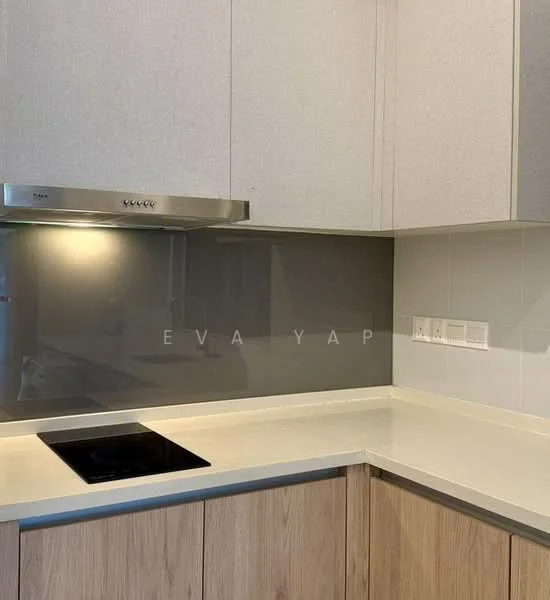 Kitchen features: grey backsplash, light-colored countertop, wood cabinetry, built-in oven, stainless-steel range hood, induction cooktop, under-cabinet lighting, smooth surface finish; style: modern.