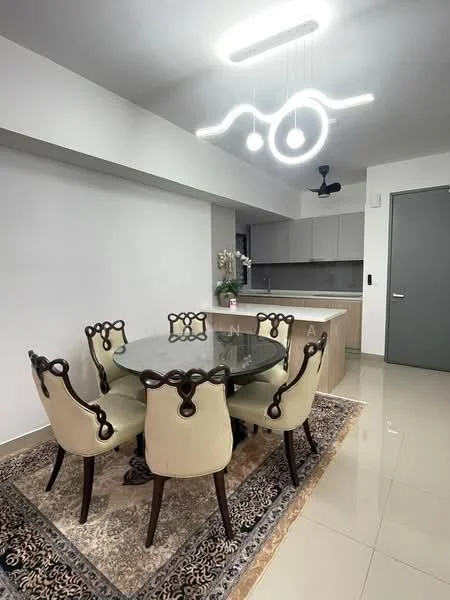 Dining features: round dining table with glass top, 6 upholstered dining chairs with decorative backs, chandelier with modern design, ceiling fan, cream walls, polished tile flooring, area rug with intricate pattern, open kitchen view in background; style: modern.