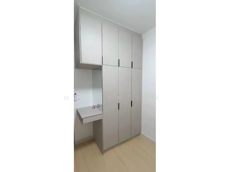 Room features: built-in wardrobe with multiple doors, light wood finish cabinetry, integrated study desk, white walls, light wood flooring; style: modern.