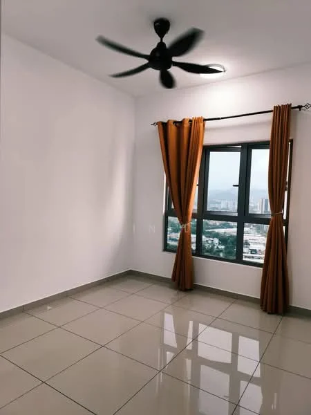 Room features: white painted walls, grey tiled flooring, 5-blade ceiling fan, floor-to-ceiling windows, curtains in orange, city view, recessed lighting; style: modern; view: city.
