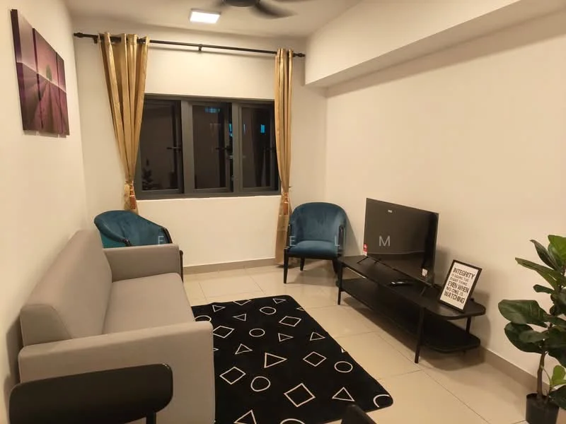 Living features: grey fabric sofa, 2 blue accent chairs, black TV console, wall-mounted TV, area rug with geometric pattern, potted plant, cream painted walls, tile flooring, ceiling fan with light, curtains in gold, window with black frames; style: modern.