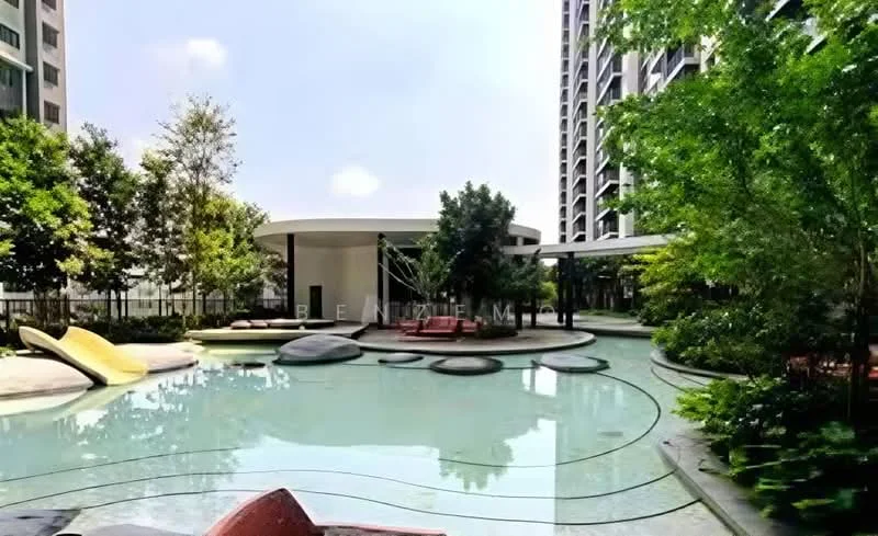 Exterior type: landscape garden; features: swimming pool, pool deck with loungers, manicured lawn, mature trees, tropical landscaping, stone-paved walkway, outdoor seating area, water features; style: modern.
