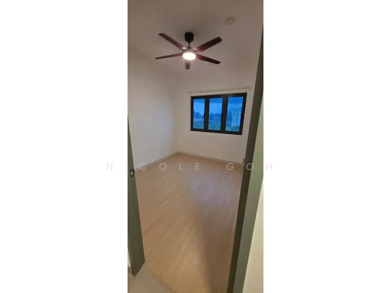 Bedroom features: light wood laminate flooring, white painted walls, 5-blade ceiling fan, two windows with black frames, curtains, neutral color scheme; style: modern; view: city.