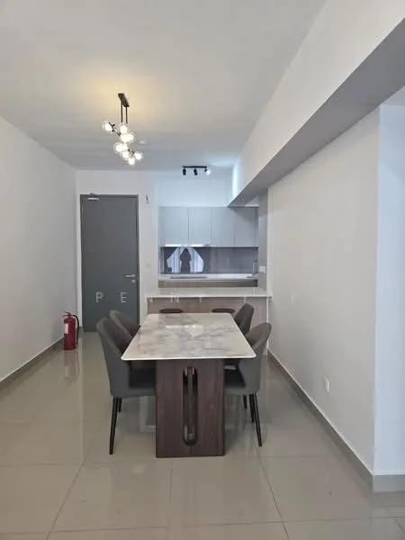 Dining features: marble dining table, 4 upholstered dining chairs in grey, pendant light fixture, white painted walls, glossy tile flooring, open layout to kitchen, fire extinguisher on wall, recessed lighting; style: modern. Kitchen features: white cabinetry, stainless-steel appliances, countertop with backsplash, open layout to dining area; style: modern.