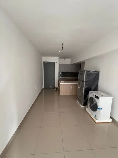 Room features: white painted walls, glossy ceramic tile flooring, kitchen cabinetry with wood finish, stainless-steel fridge, front-load washing machine, open layout, recessed ceiling lights, single-bowl stainless-steel sink, countertop with wood finish; style: modern.