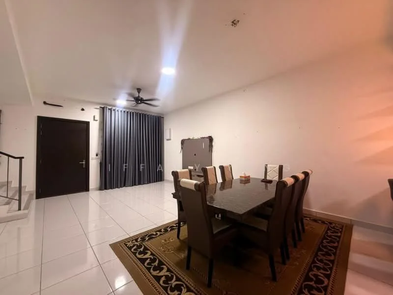 Dining features: 8-seater dining table, upholstered dining chairs, chandelier, 5-blade ceiling fan, white painted walls, glossy tile flooring, decorative area rug, curtains, wall-mounted decor, recessed lighting; style: modern. Room features: white painted walls, glossy tile flooring.