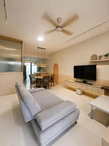Living features: 3-seater fabric sofa in light grey, ceiling fan with light, wall-mounted TV, TV console with storage, recessed downlights, dining table with 6 chairs, open-plan layout, light-colored tiled flooring, decorative wall art, wooden accent wall, large window for natural light; style: modern.