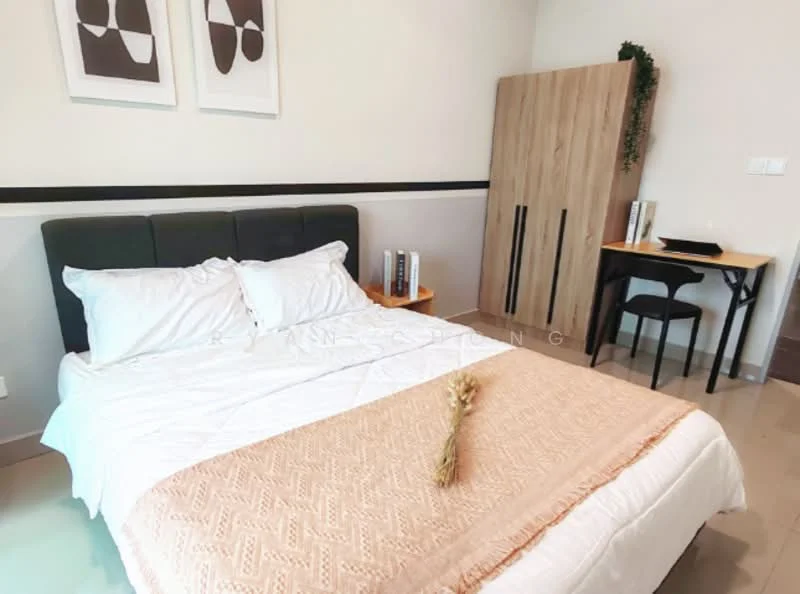Bedroom features: king-size bed with white bedding, upholstered headboard in dark green, wooden bedside tables, decorative wall art with abstract design, built-in wardrobe in light wood, study desk with black chair, laminate flooring, neutral wall color, window with natural light; style: modern.
