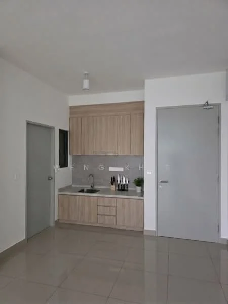 Kitchen features: light wood cabinetry, grey tiled backsplash, single-bowl stainless-steel sink, chrome pull-down faucet, built-in countertop, white walls, grey floor tiles, recessed ceiling light; style: modern. Room features: light grey door, white walls, grey floor tiles.