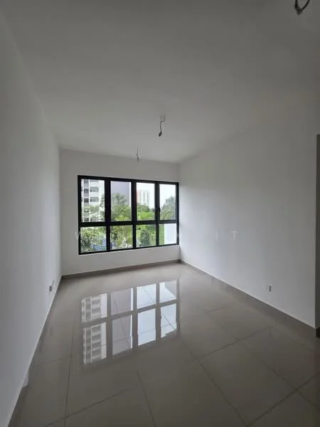Room features: white painted walls, glossy ceramic tile flooring, floor-to-ceiling windows, city view, two light fixtures on ceiling, no visible furniture, neutral color scheme; style: modern; view: city.