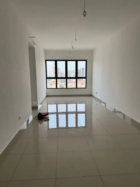 Room features: white painted walls, glossy ceramic tile flooring, floor-to-ceiling windows, city view, no visible ceiling fixtures, neutral color scheme, empty space, unfurnished; style: modern; view: city.
