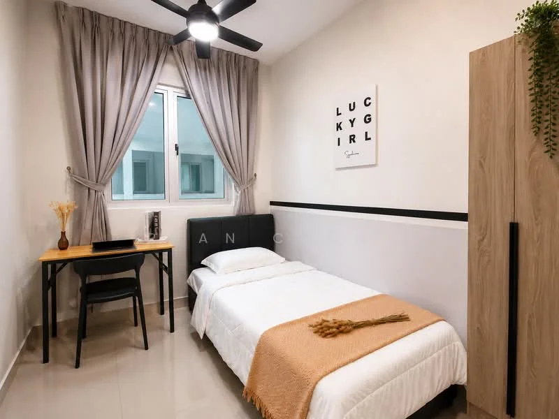 Bedroom features: single bed with white bedding, wooden bedside table, black desk with chair, floor-to-ceiling window, grey curtains, light grey painted walls, tile flooring, ceiling fan with light, framed wall art, built-in wardrobe with wood finish, decorative plant; style: modern.